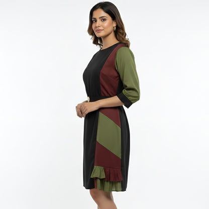 Women Black Olive Colorblock Panel Dress with Belt – Smart Office & Casual Wear