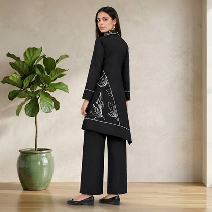 Women’s Black Floral Embroidery Co-Ord Set with Asymmetrical Kurta