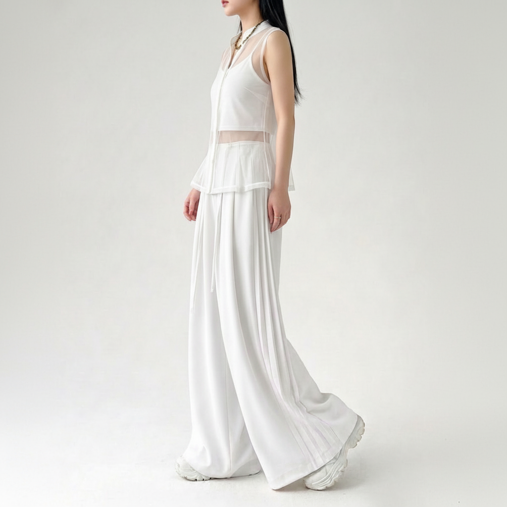 Luxury  White Co-ord Set - Minimalist Sheer Overlay Tunic & Wide-Leg Trousers