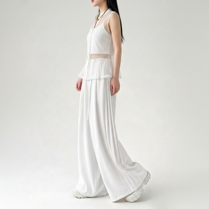 Luxury  White Co-ord Set - Minimalist Sheer Overlay Tunic & Wide-Leg Trousers