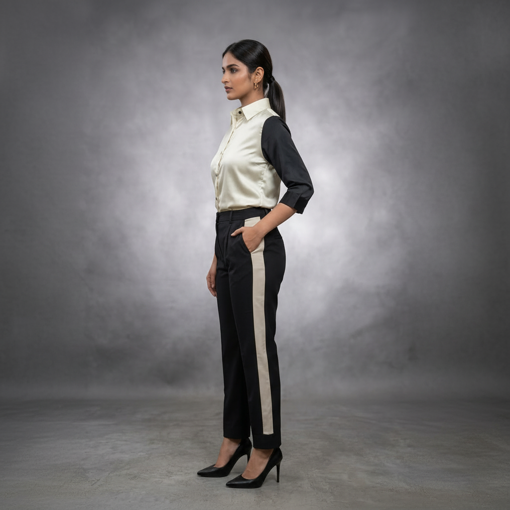 Dual Tone Satin & Banana Fabric Co-Ord Set - Pearl & Black