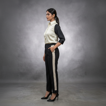 Dual Tone Satin & Banana Fabric Co-Ord Set - Pearl & Black