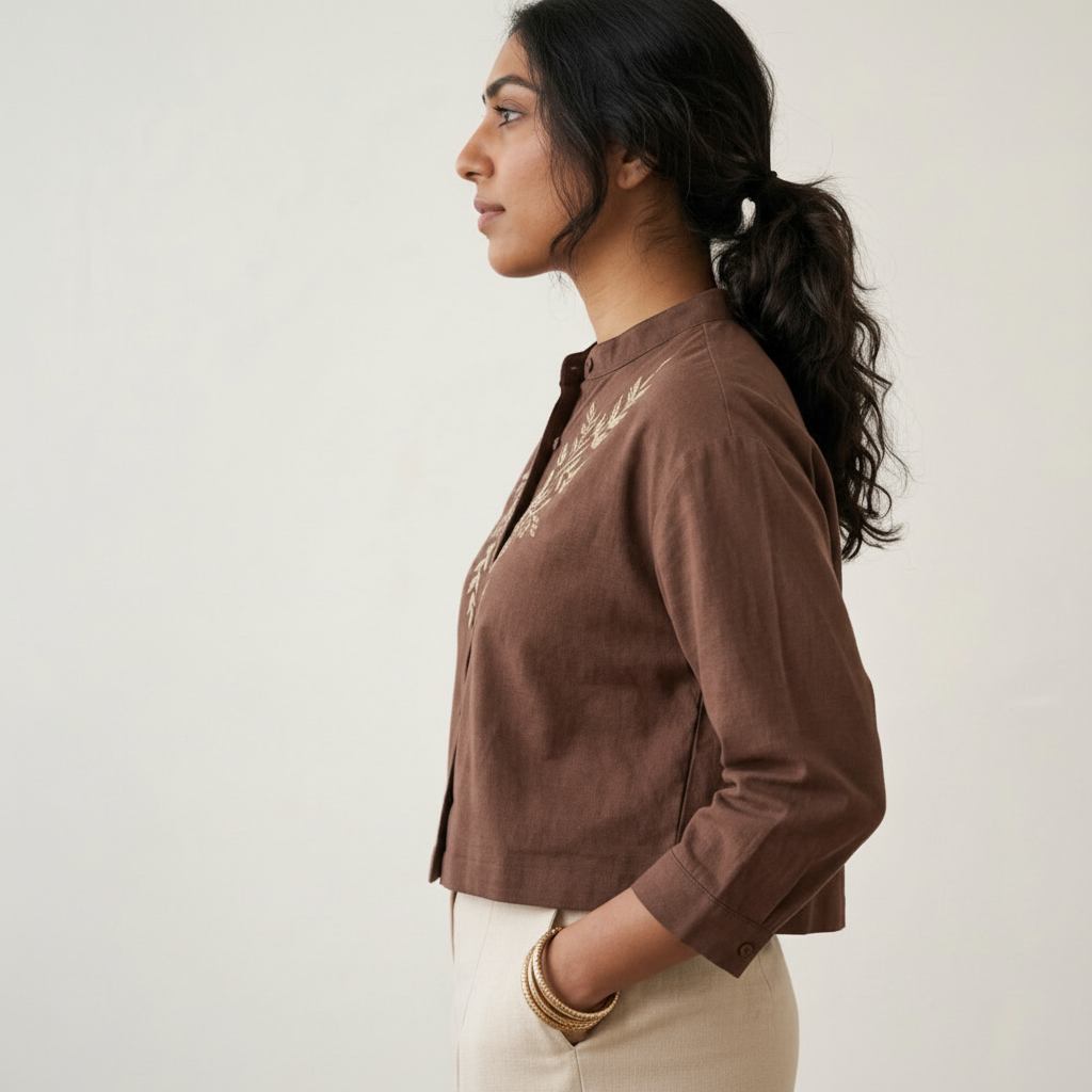 Minimalist Embroidered Mandarin Collar - Coffee Brown Premium Cotton Satin Shirt