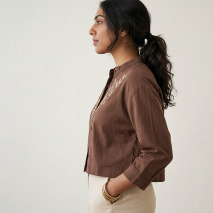 Minimalist Embroidered Mandarin Collar - Coffee Brown Premium Cotton Satin Shirt